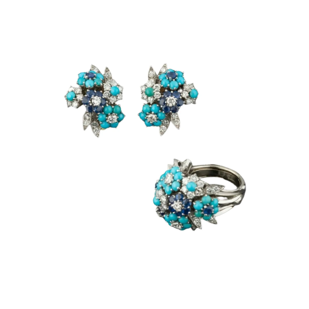 Paire De Boucles D'oreilles En Or Et Platine Sertie De Diamants, Turquoises Et Diamants. Alfred HANNE 3 Paire De Boucles D'oreilles En Or Et Platine Sertie De Diamants, Turquoises Et Diamants. Alfred HANNE – Image 3