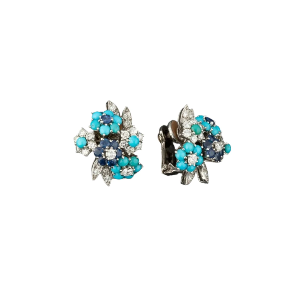 Paire De Boucles D'oreilles En Or Et Platine Sertie De Diamants, Turquoises Et Diamants. Alfred HANNE 2 Paire De Boucles D'oreilles En Or Et Platine Sertie De Diamants, Turquoises Et Diamants. Alfred HANNE – Image 2