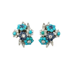 Paire De Boucles D'oreilles En Or Et Platine Sertie De Diamants, Turquoises Et Diamants. Alfred HANNE