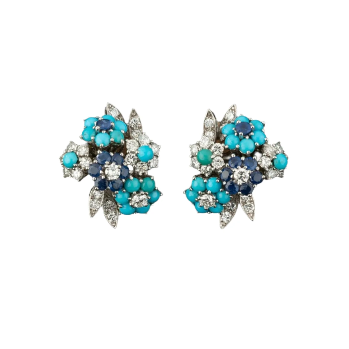 Paire De Boucles D'oreilles En Or Et Platine Sertie De Diamants, Turquoises Et Diamants. Alfred HANNE 1 Paire De Boucles D'oreilles En Or Et Platine Sertie De Diamants, Turquoises Et Diamants. Alfred HANNE