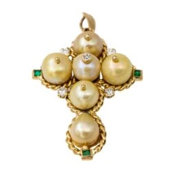 Pendentif Croix En Or Jaune Et Perle