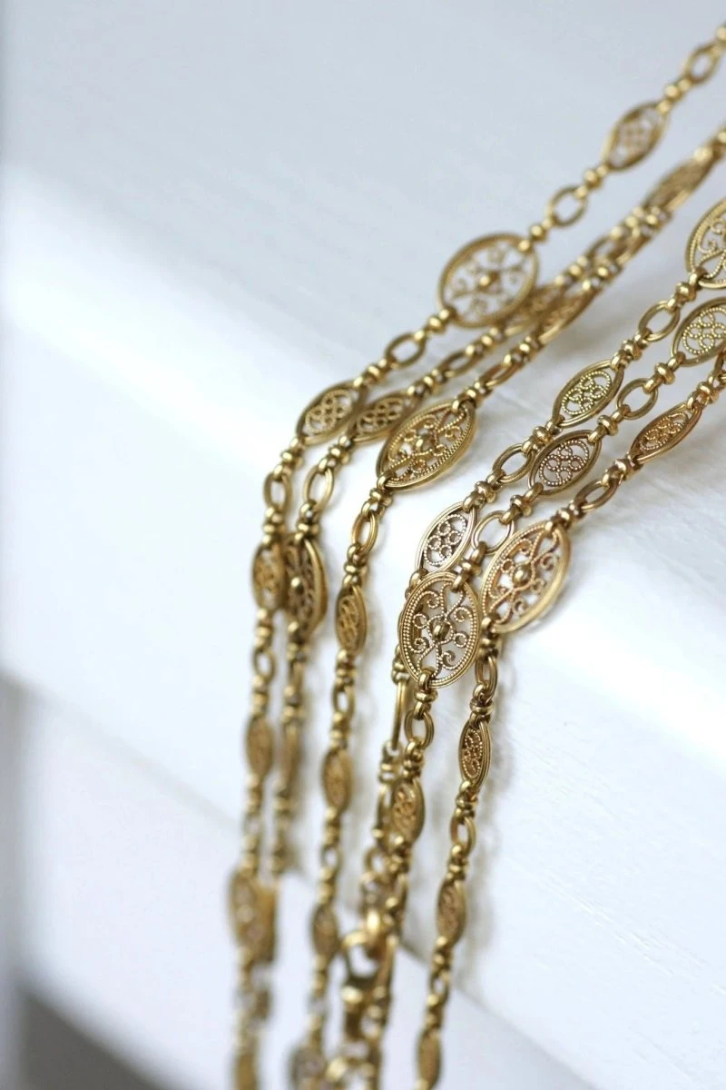 Sautoir, Chaine Ancienne Or 155 Cm Filigrane Ovale 9 Sautoir, Chaine Ancienne Or 155 Cm Filigrane Ovale – Image 9