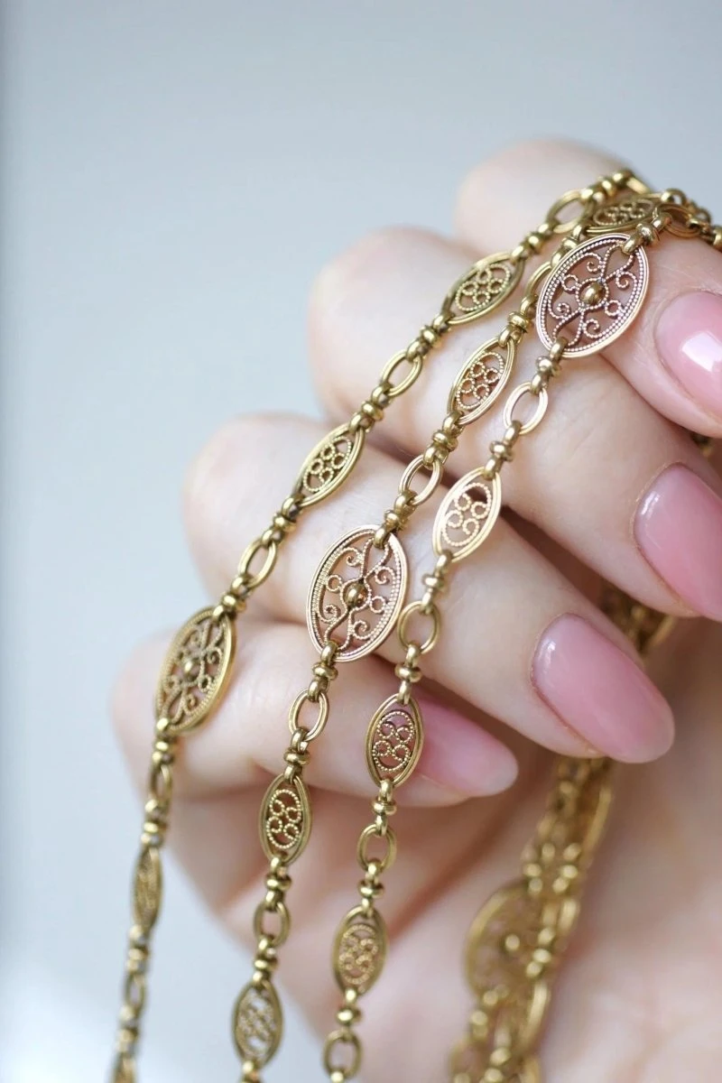 Sautoir, Chaine Ancienne Or 155 Cm Filigrane Ovale 5 Sautoir, Chaine Ancienne Or 155 Cm Filigrane Ovale – Image 5